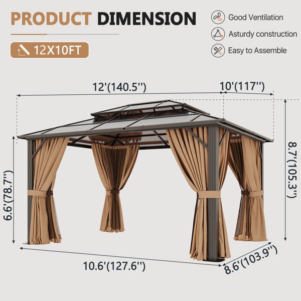 JolyDale 12' x 10' Outdoor Patio Gazebo with Hardtop Double Roof thumbnail 4