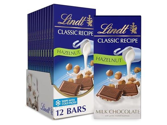 12-Pack 4.4oz Lindt Classic Recipe Hazelnut Milk Chocolate Bars