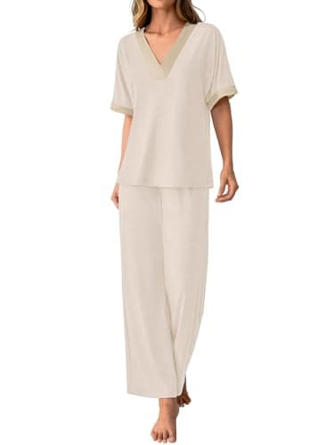 GKBK Womens Two Piece Outfits Pajama Sets 3/4 Dolman Sleeve V Neck Sleepwear Nightwear Loungewear Matching Pjs 2 Piece Lounge Set Lightweight Loose Sweatsuit Fashion Ooutfit Beige  thumbnail 5