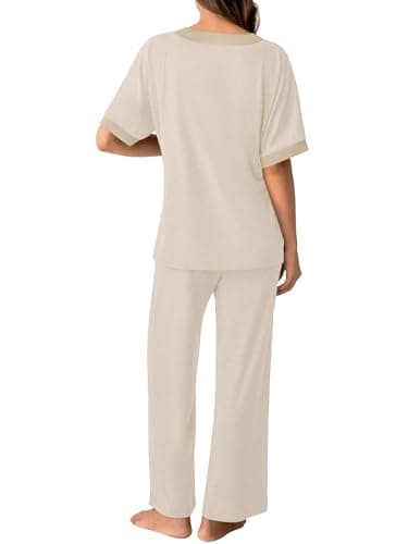 GKBK Womens Two Piece Outfits Pajama Sets 3/4 Dolman Sleeve V Neck Sleepwear Nightwear Loungewear Matching Pjs 2 Piece Lounge Set Lightweight Loose Sweatsuit Fashion Ooutfit Beige  thumbnail 3