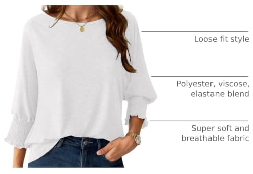 NORACORA Women's 3/4 Sleeve Tops Loose Fit Shirts Dressy Casual Crew Neck T Shirts for Women Basic Tees Shirt with Smocked Cuffs 2025 Fall Fashion Blouse White XS thumbnail 4