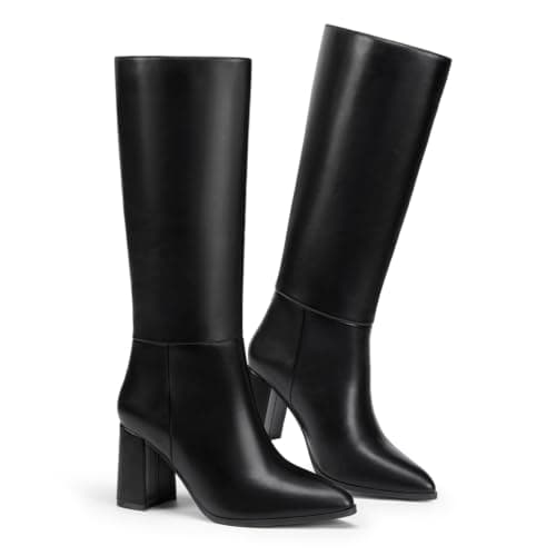 Athlefit Knee High Boots Women Chunky Tall Fall Boots Black 8 | 3.31-inch Block High Heel, PU Leather, Pointed Toe, Easy Slip On, Comfy, Daily Work, Commuting, Office, Ladies Fall Winter