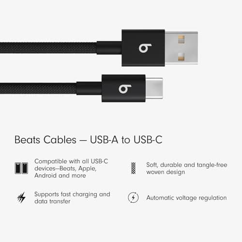 Cable Trenzado Beats USB-A a USB-C Carga Rápida y Antienredos (1.5m) - Negro Bolt