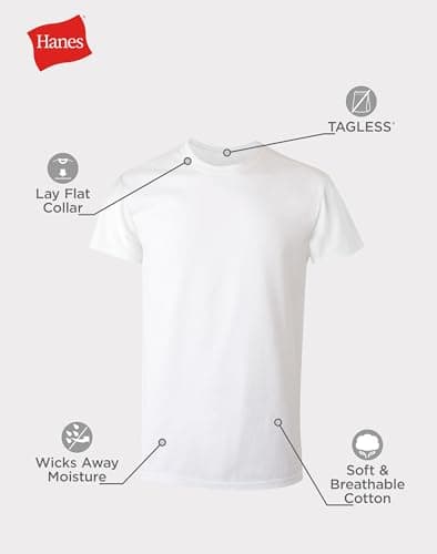 Hanes Mens Cotton, Moisture-wicking Crew Tee Undershirts, Multi-packs, White - 6 Pack, Medium US thumbnail 7