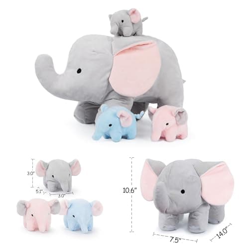 WEIGEDU Elephant Plush Toy Set – 4-Piece Stuffed Animal Family with Zipper Storage | Soft Elephant Dolls for Toddlers & Kids | Grey, Blue, Pink Nursery Decor