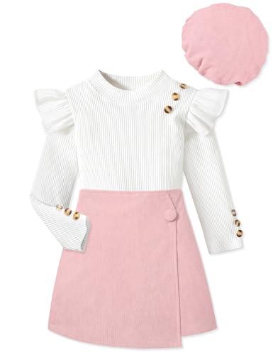 MIGU Girls Clothes Size 10-12 Years old Teen Girl Clothes Ruffle White Long Sleeve Round Neck Button Top Pink Skirt Short Beret Fall Winter Outfit 3 Piece Skirt Set
