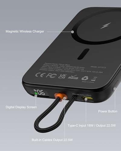 AsperX Magnetic Power Bank, 10,000mAh Magnetic Battery Pack Built-in USB C Cable 22.5W PD Fast Charging, LCD Display, Wireless Portable Charger Compatible with iPhone 17/16/15/14/1 thumbnail 7
