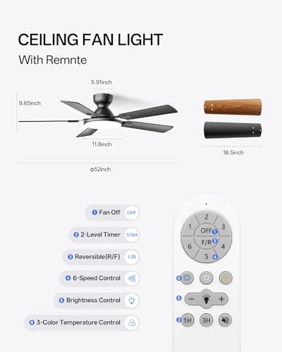 Miniatura de Ventilador de Techo Homelist 52" con Luz LED, Bajo Perfil, Silencioso y Control Remoto 8