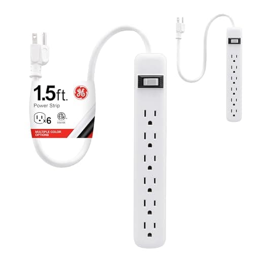 Regleta GE de 6 Contactos (2 Paquetes), Cable 1.5ft Uso Rudo, Tierra, Breaker, Montaje en Pared, Blanco