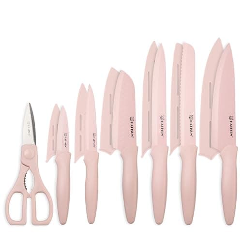 Juego de Cuchillos de Cocina Antiadherentes KATISUN, Rosa, 13 Pzas con 6 Fundas