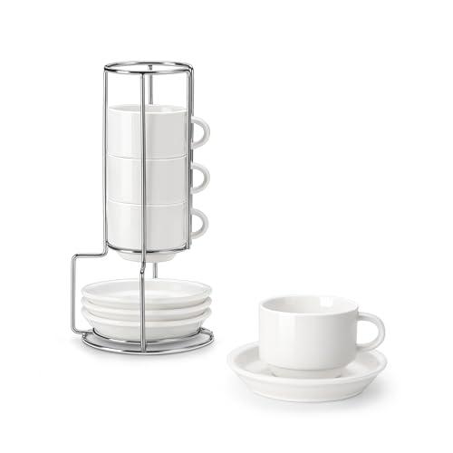 MALACASA Set de 4 Tazas de Espresso 2.5 oz Blancas con Platillos y Soporte Metálico, Apilables