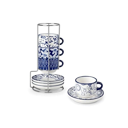 vancasso 2.5OZ Espresso Cups Set of 4, Porcelain Stackable Cappuccino Cups, Demitasse Coffee Cups and Saucers Set with Metal Stand for Specialty Drinks, Series SELENE (Vintage Blue