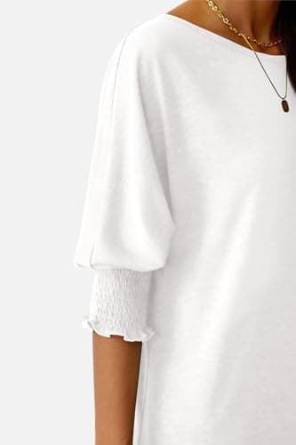 NORACORA Women's 3/4 Sleeve Tops Loose Fit Shirts Dressy Casual Crew Neck T Shirts for Women Basic Tees Shirt with Smocked Cuffs 2025 Fall Fashion Blouse White XS thumbnail 7