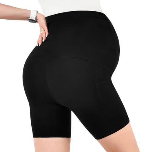 Walifrey Women's Maternity Shorts with Pockets Over The Belly,Pregnancy Yoga Pants Activewear Biker Shorts Casual Burgundy S thumbnail 5