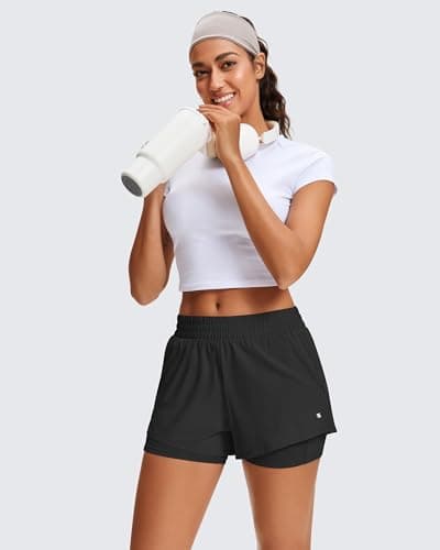 Stelle Women's 2 in 1 Running Shorts Athletic Workout Gym Shorts High Waisted Shorts with Liner Zipper Pockets (Black, Large) thumbnail 3