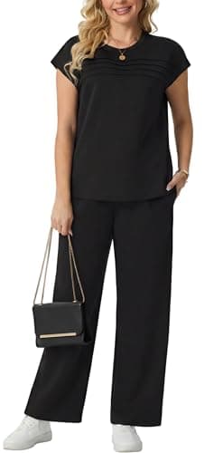 GRECERELLE Matching Sets for Women 2 Piece Summer Travel Outfit Cap Sleeve Top and Wide Leg Pants Set with Pockets Casual Lounge Vacation Airport Outfit thumbnail 3