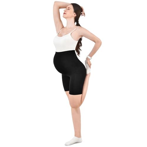Walifrey Women's Maternity Shorts with Pockets Over The Belly,Pregnancy Yoga Pants Activewear Biker Shorts Casual Burgundy S thumbnail 6
