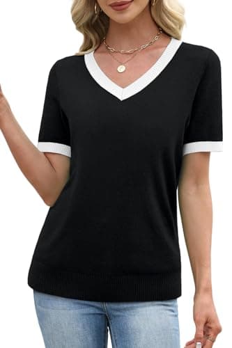 WIHOLL Womens Tops Short Sleeve Sweater Spring Summer Tops for Women 2026 Business Casual Outfits V Neck Work Teacher Clothing Ladies Blouses Beach Vacation Clothes Black M