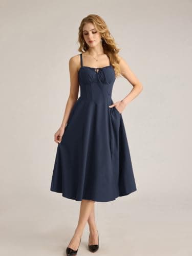 Miniatura de Vestido Midi Corsé Azul Marino con Abertura para Mujer 7