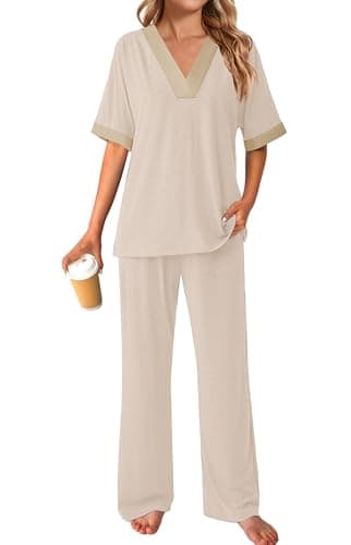 GKBK Womens Two Piece Outfits Pajama Sets 3/4 Dolman Sleeve V Neck Sleepwear Nightwear Loungewear Matching Pjs 2 Piece Lounge Set Lightweight Loose Sweatsuit Fashion Ooutfit Beige  thumbnail 6