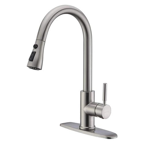 WEWE Single Handle High Arc Brushed Nickel Pull Out Kitchen Faucet,Single Level Stainless Steel Kitchen Sink Faucets with Pull Down Sprayer,Suitable for Laundry Rv Bar