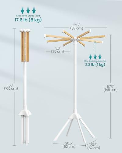SONGMICS Clothes Drying Rack, with Bamboo Hanging Rods, Foldable Metal Laundry Rack, Space-Saving, Free-Standing Airer, Indoor Use, White and Natural ULLR516W01