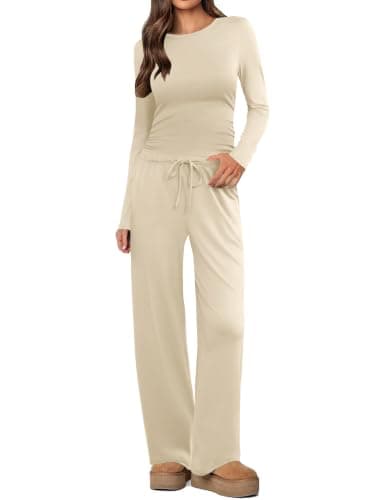 Conjunto de dos piezas Ekouaer con fruncido lateral y bolsillos (Taupe)