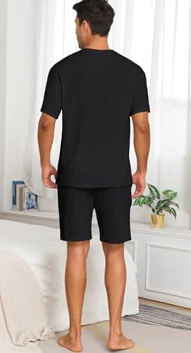 PrinStory Mens Pajamas Set Summer Pjs Sets Lightweight Short Sleeve Pajama Shorts Set Soft Sleepwear Loungewear with Pockets Black-M thumbnail 5