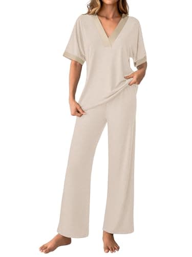 GKBK Womens Two Piece Outfits Pajama Sets 3/4 Dolman Sleeve V Neck Sleepwear Nightwear Loungewear Matching Pjs 2 Piece Lounge Set Lightweight Loose Sweatsuit Fashion Ooutfit Beige 