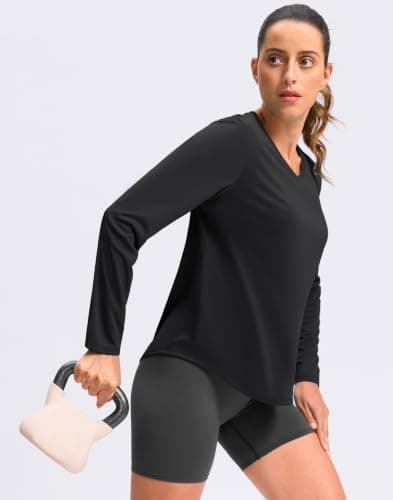 Long Sleeve Workout Tops for Women V Neck Dry Fit Shirts, Black, M thumbnail 3