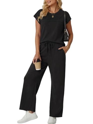 GRECERELLE Matching Sets for Women 2 Piece Summer Travel Outfit Cap Sleeve Top and Wide Leg Pants Set with Pockets Casual Lounge Vacation Airport Outfit