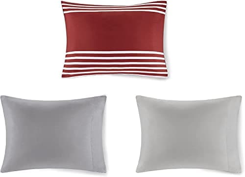 Comfort Spaces Queen Comforter Sets with Sheets - Bed in a Bag 9 Pieces Teen Bedding Sets, Red and Grey Stripes Bedding Queen, College Queen Bed Set with 2 Side Pockets Bedroom Org