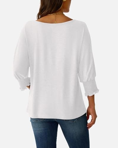 NORACORA Women's 3/4 Sleeve Tops Loose Fit Shirts Dressy Casual Crew Neck T Shirts for Women Basic Tees Shirt with Smocked Cuffs 2025 Fall Fashion Blouse White XS thumbnail 5