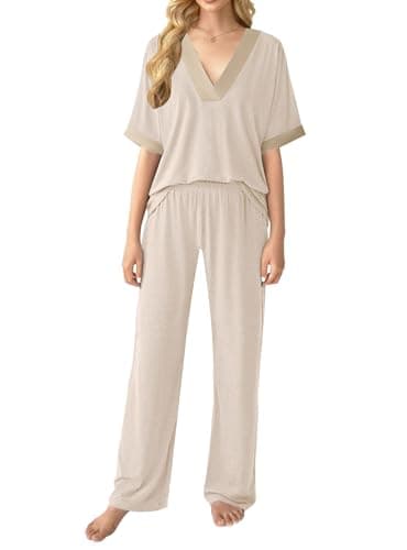 GKBK Womens Two Piece Outfits Pajama Sets 3/4 Dolman Sleeve V Neck Sleepwear Nightwear Loungewear Matching Pjs 2 Piece Lounge Set Lightweight Loose Sweatsuit Fashion Ooutfit Beige  thumbnail 2