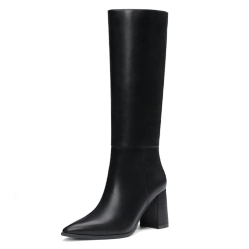 Athlefit Knee High Boots Women Chunky Tall Fall Boots Black 8 | 3.31-inch Block High Heel, PU Leather, Pointed Toe, Easy Slip On, Comfy, Daily Work, Commuting, Office, Ladies Fall Winter