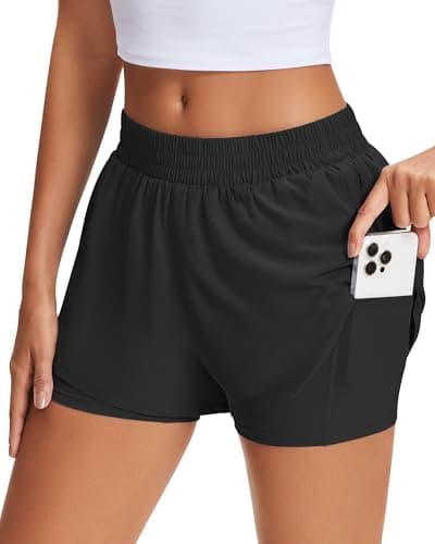 Stelle Women's 2 in 1 Running Shorts Athletic Workout Gym Shorts High Waisted Shorts with Liner Zipper Pockets (Black, Large) thumbnail 4