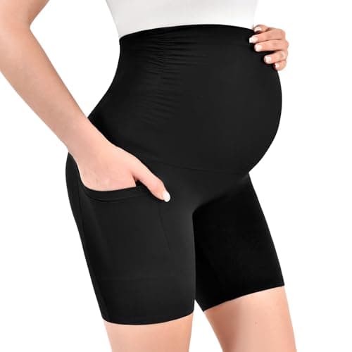 Walifrey Women's Maternity Shorts with Pockets Over The Belly,Pregnancy Yoga Pants Activewear Biker Shorts Casual Burgundy S thumbnail 2