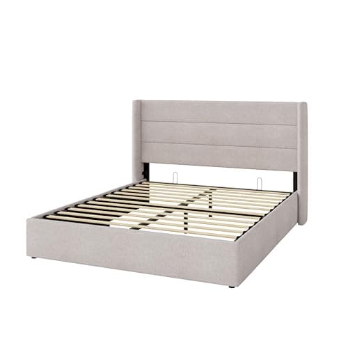 Allewie Queen Size Lift Up Storage Bed, Modern Wingback Headboard, Hydraulic Support, No Box Spring Needed, Light Beige thumbnail 9