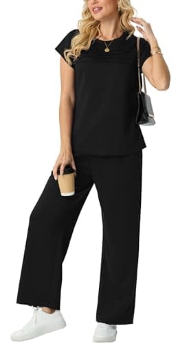 GRECERELLE Matching Sets for Women 2 Piece Summer Travel Outfit Cap Sleeve Top and Wide Leg Pants Set with Pockets Casual Lounge Vacation Airport Outfit thumbnail 2