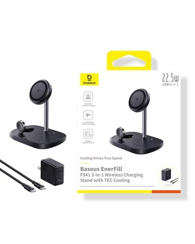 Baseus Qi2 15W 3-in-1 Charging Station, Magnetic Wireless Charger Stand with TEC Cooling, MagSafe-Compatible iPhone Charger for iPhone12-17 Series, AirPods, Apple Watch (45W Adapte