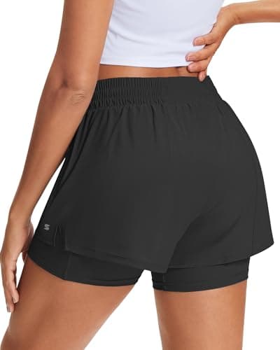 Stelle Women's 2 in 1 Running Shorts Athletic Workout Gym Shorts High Waisted Shorts with Liner Zipper Pockets (Black, Large) thumbnail 2