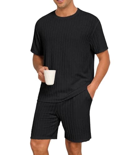 PrinStory Mens Pajamas Set Summer Pjs Sets Lightweight Short Sleeve Pajama Shorts Set Soft Sleepwear Loungewear with Pockets Black-M