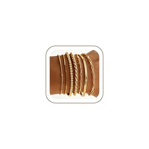 M MOOHAM Pulseras de Oro 14K para Mujer - Set Apilable de 7 Estilos