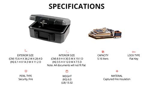 SentrySafe Fireproof Safe with Key Lock, Chest Lock Box for Home or Travel Secures Money, Documents, 0.18 Cubic Feet, 6.1 x 14.3 x 11.2 Inches, 1210 thumbnail 4