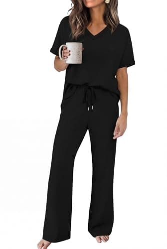 Sampeel Lounge Sets for Women Two Piece Sets Summer Resort Wear Capsule Wardrobe 2026 Cruise Travel Airport Vacation Teacher Date Outfits Oversized V Neck Short Sleeve Tops Fashion