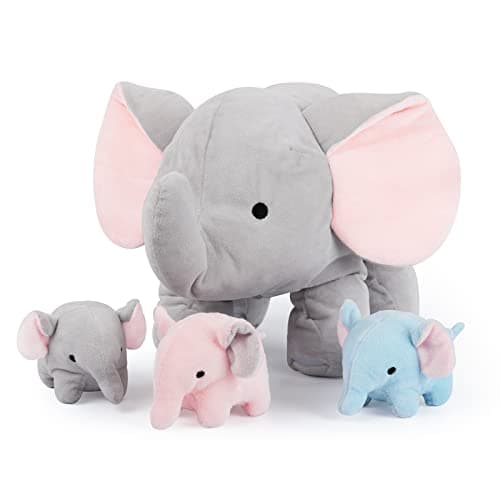 WEIGEDU Elephant Plush Toy Set – 4-Piece Stuffed Animal Family with Zipper Storage | Soft Elephant Dolls for Toddlers & Kids | Grey, Blue, Pink Nursery Decor