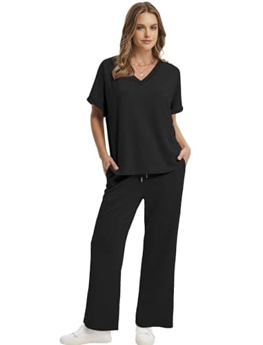 Sampeel Lounge Sets for Women Two Piece Sets Summer Resort Wear Capsule Wardrobe 2026 Cruise Travel Airport Vacation Teacher Date Outfits Oversized V Neck Short Sleeve Tops Fashion thumbnail 2