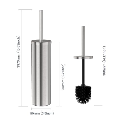 Cepillo y Soporte DOWRY para Inodoro de Acero Inoxidable 304 Plata | Limpieza Profunda con Mango Largo y 2 Cabezales
