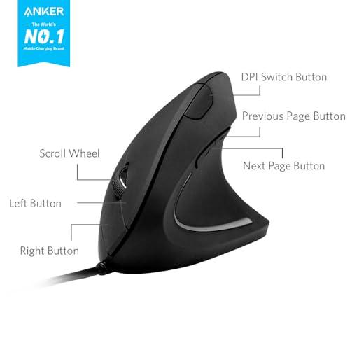 Anker USB Wired Vertical Mouse, Ergonomic Design Mouse for Computer and Laptop, 5 Buttons, 1000/1600 DPI, Optical Technology, USB Corded - Black