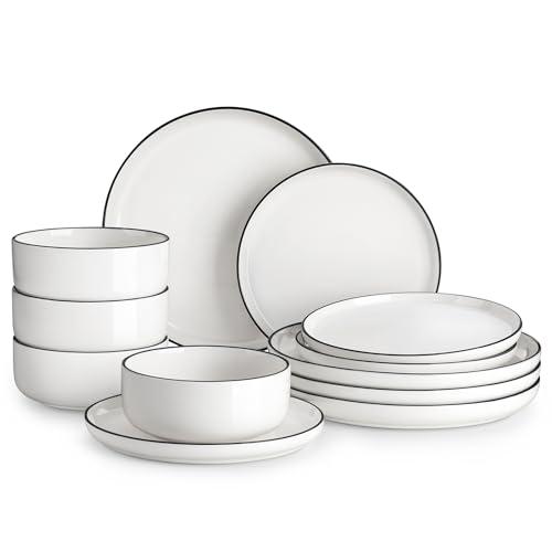 MALACASA Plates and Bowls Sets, 12 Pieces Modern Porcelain Dinnerware Set for 4 White Kitchen Dinner Dining Ware Set wtih Black Rim Ceramic Dishware Dishes Microwave and Dishwasher